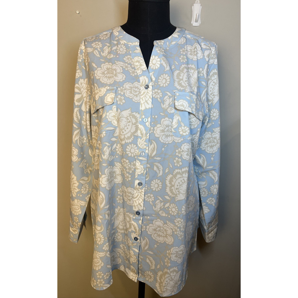 NWT Denim & Co.‎ Tunic Top Blue White Floral Large Coastal
